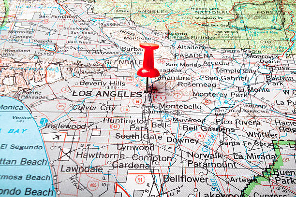 Pushpin marking Los Angeles, California, on a large map. SoCal map pin